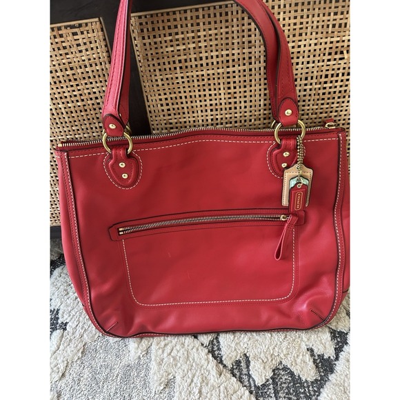 Coach Poppy Hallie Red Leather Tote Handbag Contrast Stitching 22424 MINT - Picture 4 of 12